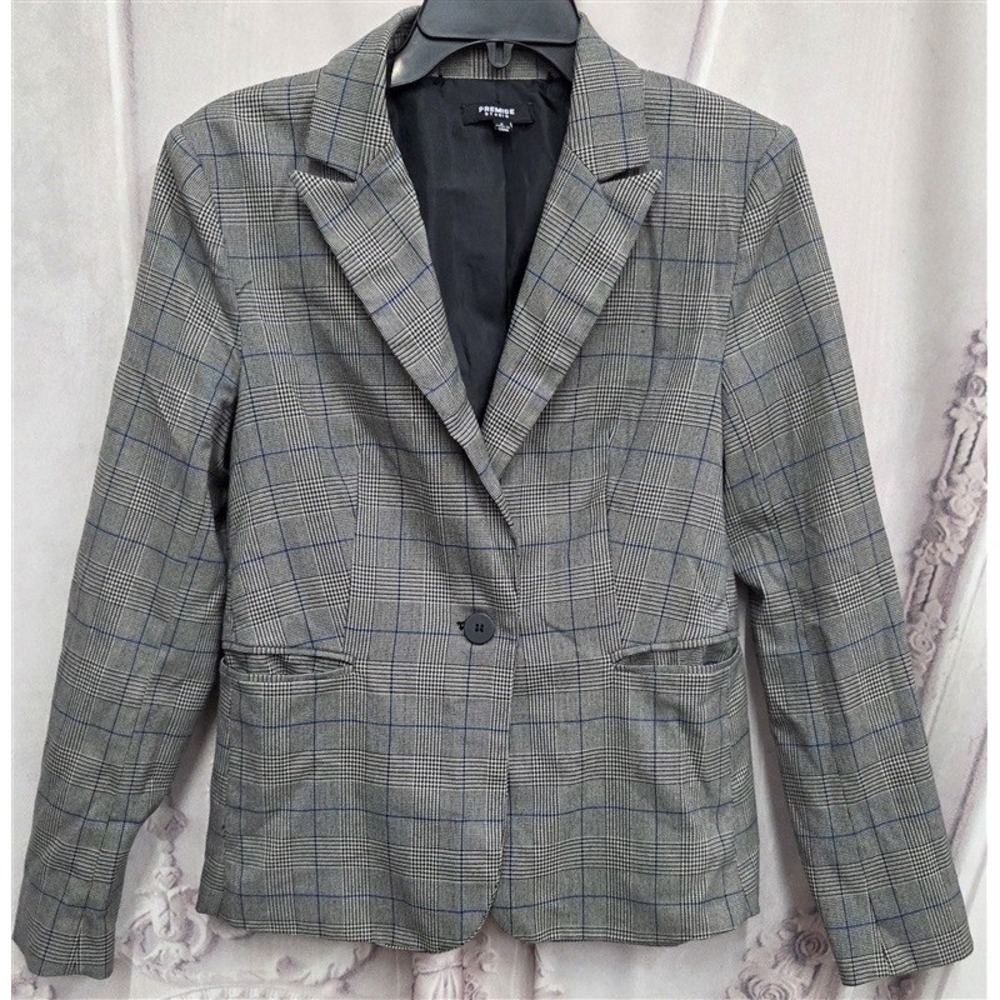 NWT Premise Studio sz 2 Glenn Plaid Blazer Jacket Black White Blue 131977